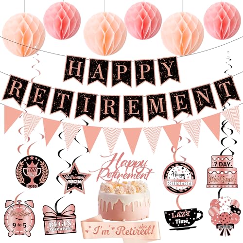 Image of Happy Retirement Party Decorations Women - 18 Pcs Rose Gold Banner, "I’m Retired" Sash, Hanging Swirls, Bunting for Retirement Office Farewell Family Gatherings Anniversary Party Supplies