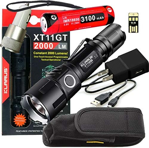 Klarus Upgraded XT11GT 2000 Lumens Super Bundle with LED Rechargeable Tactical Flashlight, 18650 Battery, USB Cable, Lanyard, Holster, Pocket Clip, Car Adapter, Wall Adapter, and USB Mini Light