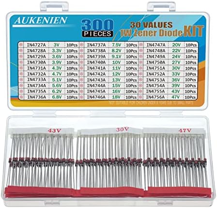 AUKENIEN 1 W Zener Dioda Z zestaw 30 wartości diody Zenera zestaw 3 V 3,3 V 3,6 V 3,9 V 4,3 V 4,7 V 5,1 V 5,6 V 6,2 V 6,8 V 7,5 V 8,2 V 9,1 V 10 V 11 V 12 V 13 V 15 V 16 V 18 V 20 V 22V 22V 24V 27V