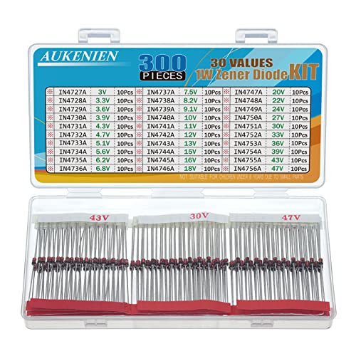 AUKENIEN 1W Diode Zener Kit Assortiment 30 Valeur Diodes 3V 3,3V 3,6V 3,9V 4,3V 4,7V 5,1V 5,6V 6,2V 6,8V 7,5V 8,2V 9,1V 10V 11V 12V 13V 15V 16V 18V 20V 22V 24V 27V 30V 33V 36V 39V 43V 47V