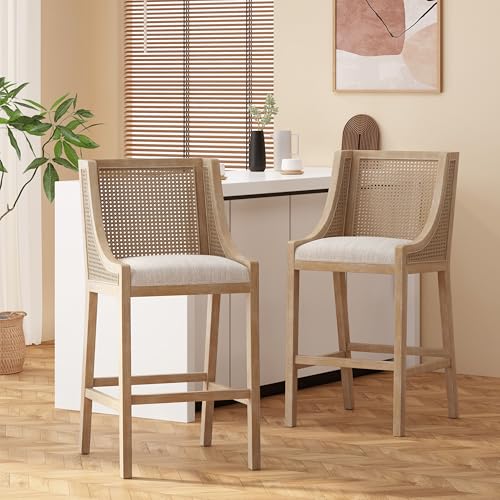 Butacos GDFStudio, Set de 2, Estilo Rústico Country, con Tapizado y Espaldar de Caña, Brazos y Patas de Madera, para Isla de Cocina, Altura 30 pulgadas, Color Beige + Natural miniatura 3