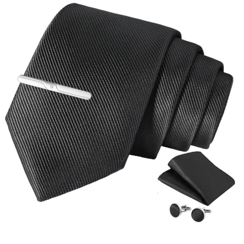 SlowTon Men's Ties Set - Classic 148CM Men's Necktie Set with Pocket Square Cufflinks Tie Clip Gift Box for Wedding Business Party (Black)