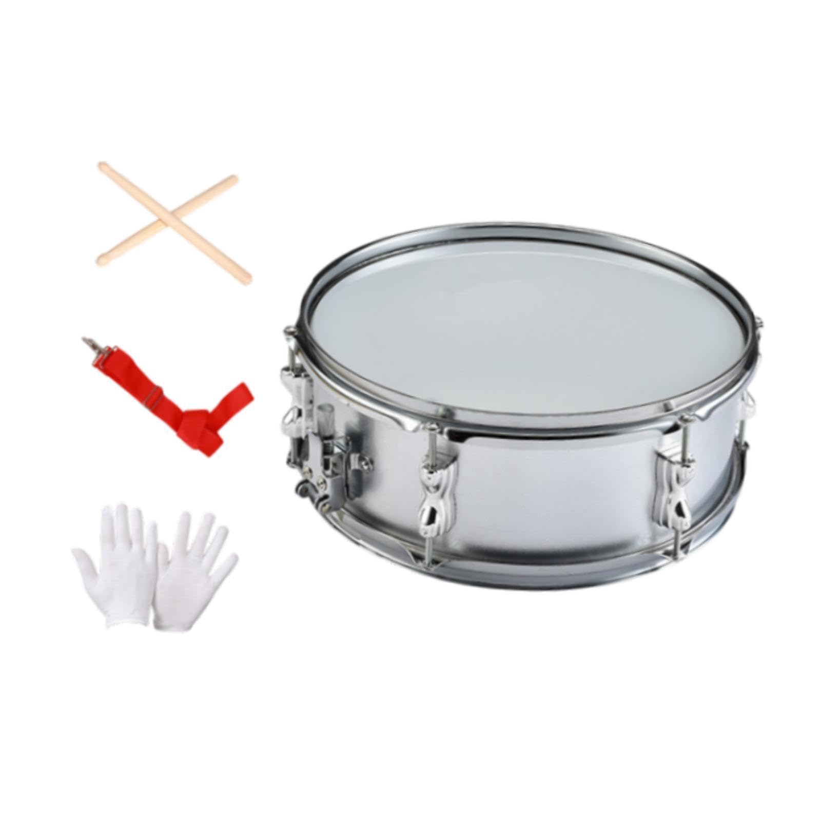 Generic Snare Drum de Percusión para Estudiantes Incluye Tambor Correa Ajustable Baquetas Y Guantes Fabricados en Acero Inoxidable Y Poliéster Adecuado para F, Silver 14 Inch