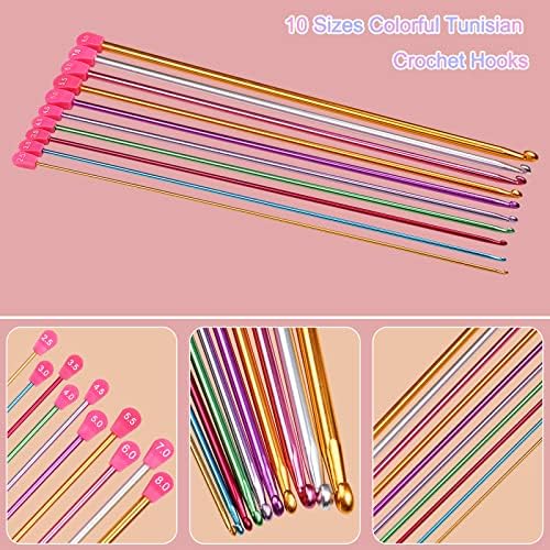 Aeelike Tunisian Crochet Hooks Set 35cm Long, Extra Long Lightweight Afghan Crochet Hooks for Arthritic Hands, 10 Aluminium Tunisian Crochet Needles 2.5-8mm, Coloured Crochet Hooks Sets for Beginners