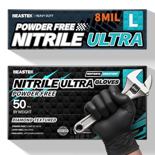 Beastek Nitrile Disposable Gloves, 8 Mil Powder Free Latex Free Chemical Resistant Heavy Duty Food Safe Diamond Gloves, Black 50 Pcs (Large)