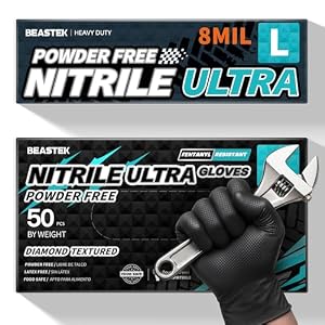 Beastek Nitrile Disposable Gloves, 8Mil Latex & Powder Free Chemical Resistant Heavy Duty Food Safe Diamond Glove Black 50Pcs