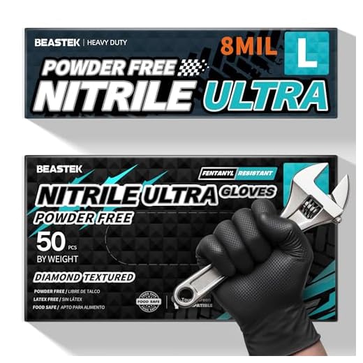 BEASTEK Nitrile Disposable Gloves, 8 Mil Powder Free Latex Free Chemical Resistant Heavy Duty Food Safe Diamond Gloves, Black 50 Pcs (Large)