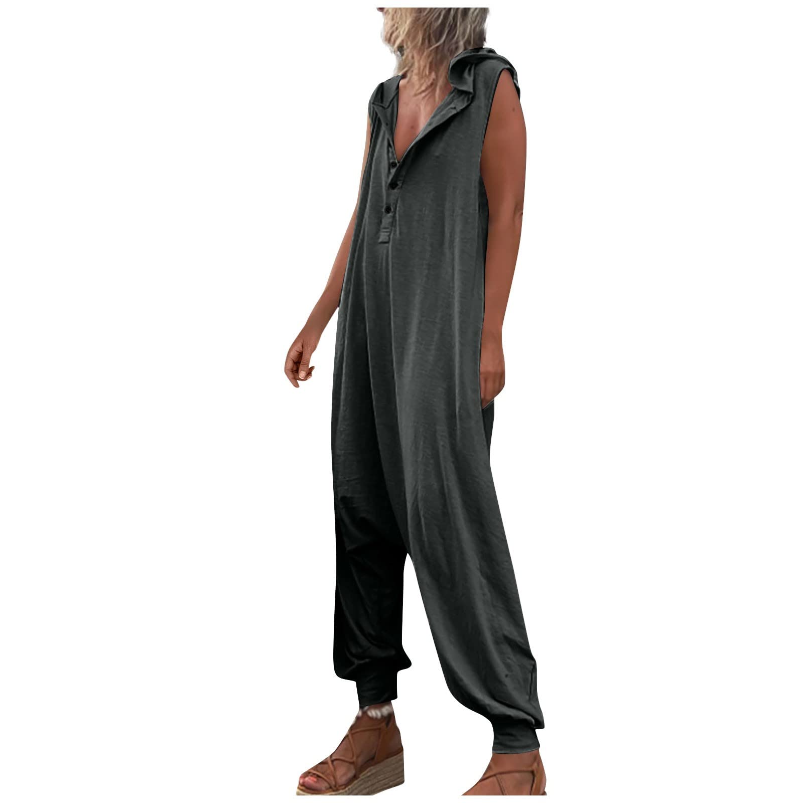 Jumpsuits for Women, Spring Excerise Comfortable Pants Ladies Folklorico Plus Size Flowy High Rise Solid Colo Overalls Loose Fit Button Down Cotton Trouser Womens