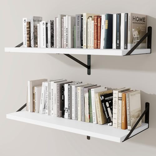 12" Deep Wall Shelves with Metal Brackets, 36" Wide, White Finish, 2pcs