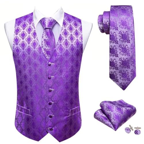 Men's Silk Waistcoat Tie Hanky Cufflinks Set Embroidered V-Neck Vest for Formal Wedding Party