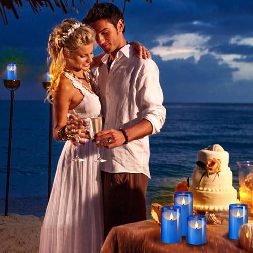 NURADA Flickering Flameless Candles: LED Pillar Candles with Imitation Glass - Acrylic Battery Candles with Remote and Timer for Wedding Party Valentine's Day Decor, Pack of 3 Blue by NURADA - Image 3