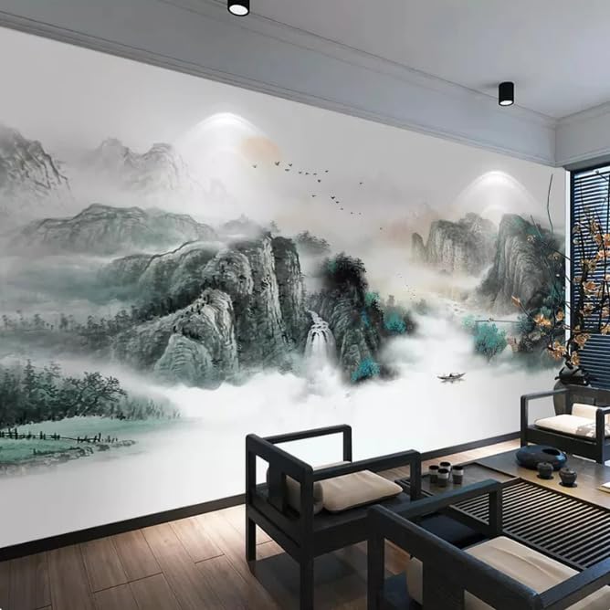 Papier peint chinois avec peinture 3D paysage de montagne et eau en 250x175