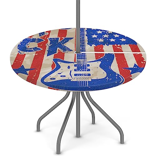 Outdoor Round Tablecloth with Umbrella Hole,Rock Guitar American Flag Patio Table Cover Fitted Tablecloth Waterproof Umbrella Table Cover for Party Picnic,Fit for 36"-44" Round Tables