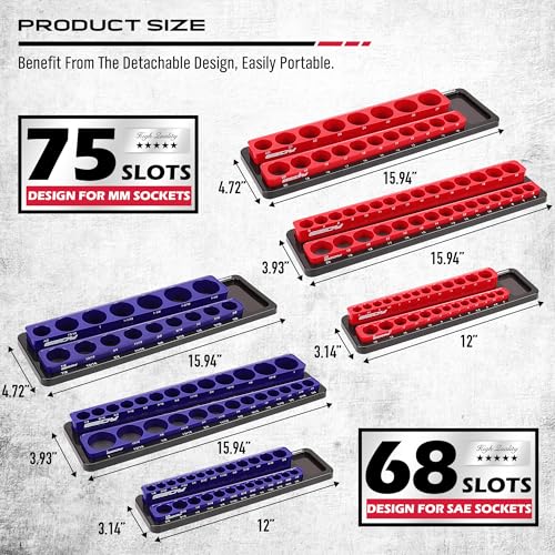Image of Magnetic Socket Holder Organizer Set: 6-Piece Detachable 1 /2 3 /8 1 /4 Drive Sockets Storage Tray Magnetic Socket Organizer Tool Box Drawer Tool Box Organizers Storage Metric SAE (Sockets Not Included)