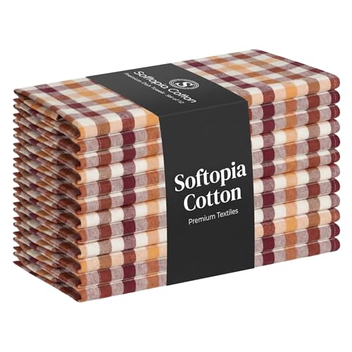 Softopia Cotton Multicolor Check Kitchen Towels 12 Pack, 100% Cotton Tea Towels, 18"x26" Quick Dry Dish Cloths for Drying Dishes, Reusable, Absorbent - Burgundy Wine, Brown, Mustard Yellow, Natural