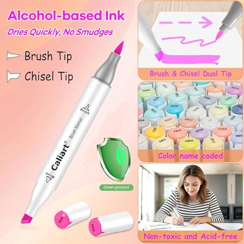 Image of Caliart Alcohol Markers 61 Colors Pastel Chisel & Brush Tip Art Markers | Non-Toxic Permanent Pens for Adults Coloring Book Beginners Sketch Illustration Painting Drawing School Supplies Art Gifts