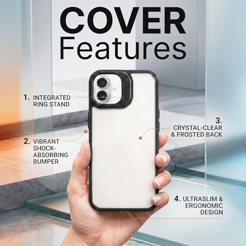 Image of amazon basics Frosted Matte Case for iPhone 17 | Built-in Flip-Out Camera Lens Stand | Translucent Back with Contrast Black Bumper | Shockproof Protective Cover with Foldable Kickstand