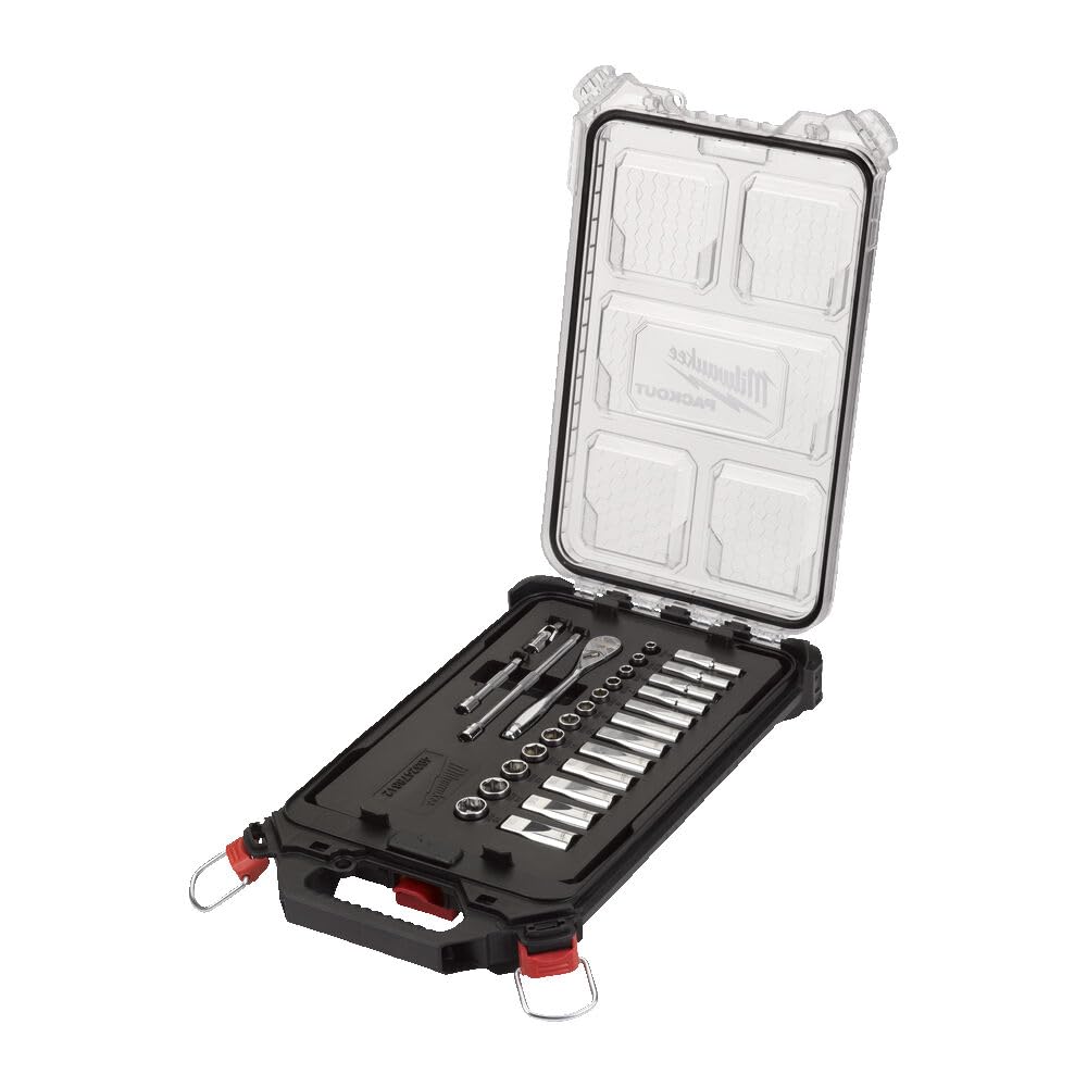 Milwaukee Set di inserti a cricchetto e bussola, 1/4", metrico, 28 pezzi, in PACKOUT Compact Organiser Slim