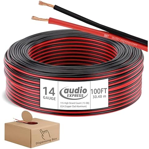 Audio Express 100ft 14-Gauge Audio Stereo Speaker Wire Cable,100 Feet,30.48 Meters,2 Conductor,Flexible Red-Black PVC, CCA,Dispensing Box,Home Theater, HiFi,Auto,Hook-Up,117 High Strand Count (.15 OD) Cover