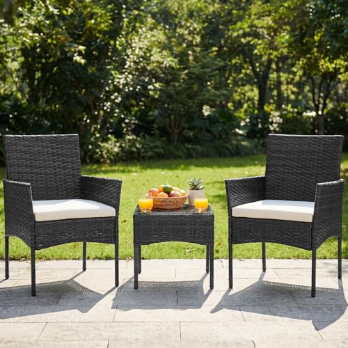 DUMOS 3-Piece Patio Furniture Set, All-Weather Outdoor Wicker Chairs with Removable Cushions & Tempered Glass Table, Small Bistro Set for Porch, Balcony, Lawn, Backyard, Black - Image 4