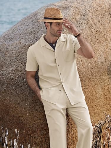 Men's 2 Piece Outfits Casual Beach Short Sleeve Button Down Shirts Loose Pant Sets Summer Vacation Walking Outfits4