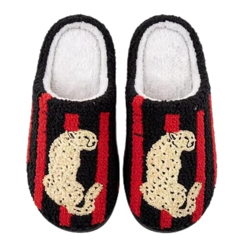 Image of Women's Men's Happy Face Heart-shaped Cat Slippers - Retro Leopard Print, Memory Foam, Soft Plush, Warm, Anti-Slip Home Shoes