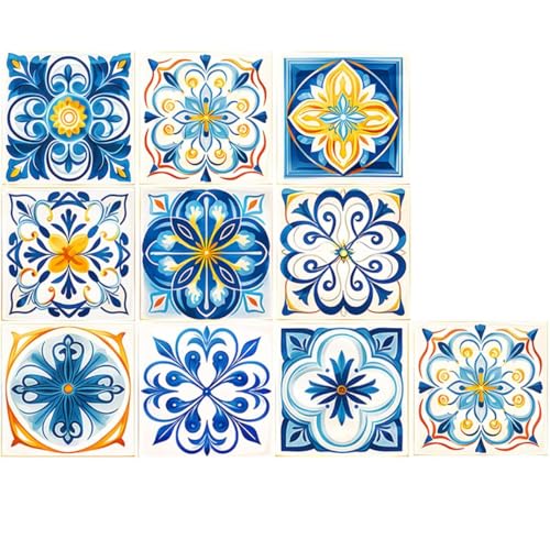 ArtisanAura Floral Self-Adhesive DIY Stickers Peel and Stick Backsplash Waterproof Wall Art Decals Home Decor in Boho Talavera Moroccan Design, 4x4 Inch