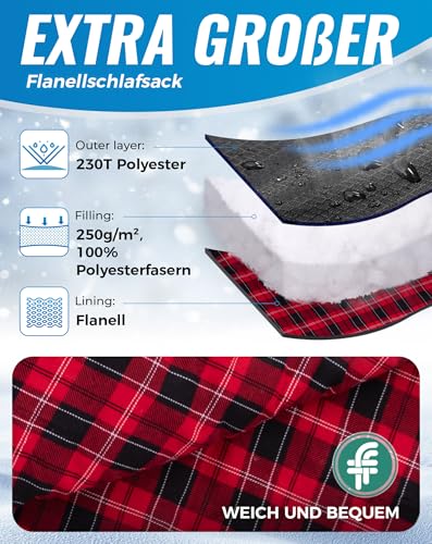 KingCamp Schlafsack 4 Jahreszeiten XXL Übergröße Baumwoll Flanell für Erwachsene Outdoor und Camping, Warm leicht,drinnen und draußen, (Schwarz) 4
