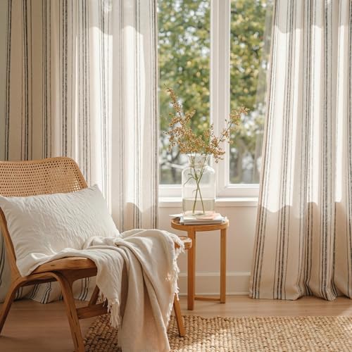 Image of MYSKY HOME Grey Striped Curtains 63 Inches Long Linen Blend Farmhouse Gray Ticking Stripe Pinstripe Print Curtains for Bedroom Light Filtering Window Drapes, Grommet, 2 Panels, 52 inch Wide
