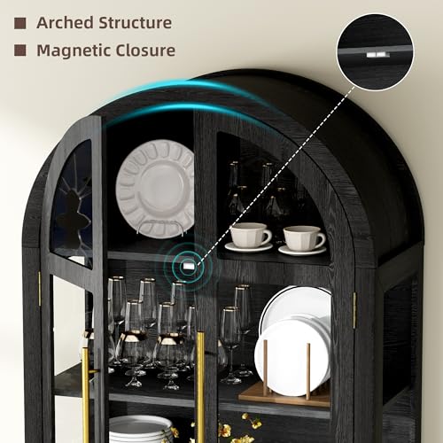 LVSOMT Gewölbte Glasvitrine mit LED Beleuchtung, 180cm Vitrinenschrank mit Glastüren, Bogen Vitrine mit 4 Display Regale und 2 Schubladen, 3 Farbe Licht, Vitrine Glas Holz Wohnzimmer Flur, Schwarz
