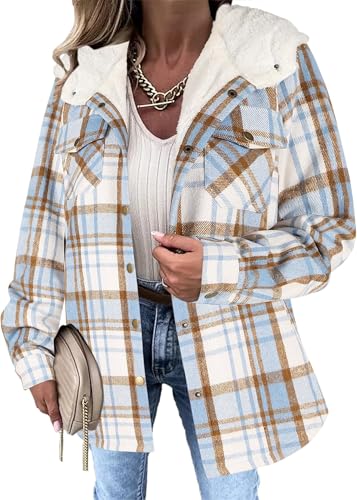 Zeagoo Winter Plaid Jackets for Women Fashion Fall Flannel Shirts Long Sleeve Sherpa Shacket Fleece Hooded Coats Outerwear