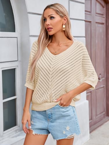 Image of Libsorge Womens Sexy V Neck 3 /4 Sleeve Sweater Spring 2025 Trendy Dressy Casual Outfits Lightweight Crochet Knit Pullover Top