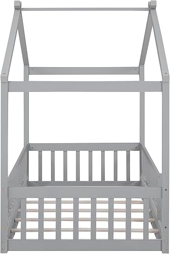 Miniatura 7 de LLS Cama de casa individual con valla, cama Montessori de madera con soporte de listones, marco de cama para dormitorio de niños y niñas, gris