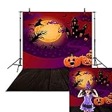 Allenjoy 5x7ft Halloween Themed Photography Backdrop pumpkin Black Castle Witch and Bat Flying in the Moonlight Horrible Party Decor Background Photo Studio Booth Photographer Props