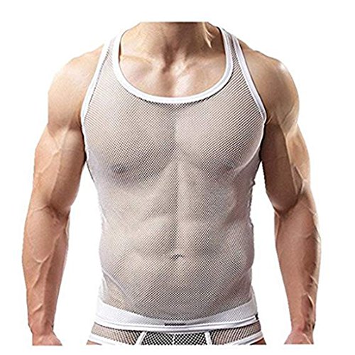 YiZYiF Mens Mesh Vest Top Gym Wear Fishnet T Shirt Tank Tops Training (Medium, Z White Sleeveless)