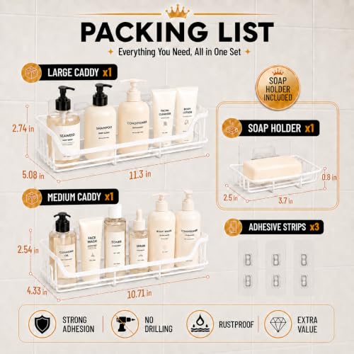 Image of OMAIRA 3-Pack Shower Caddy with Soap Holder, Adhesive Rustproof No-drill Strudy Loading Inside Shower Organizer Shelves Rack Storage Bathroom Organization for Smooth Wall Glass Tile, White (XX-Large)