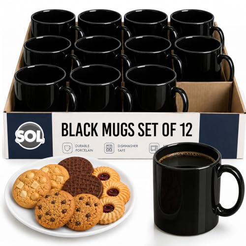 SOL Black Mugs Set of 12 - Microwave Safe & Scratch Resistant Coffee & Tea Cups - Plain Black Mugs Set of 12 x 11oz