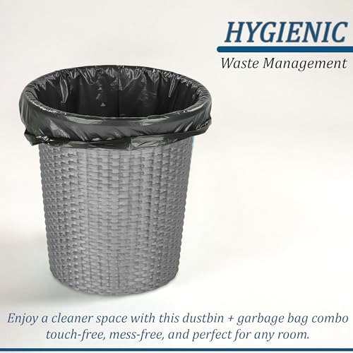 Image of Kuber Industries Dustbin & Garbage Bag Set | 10 L Open Waste Bin with (Black - 2 Roll) 19x21 Inch Disposable Bags for Kitchen, Office | Check - Grey