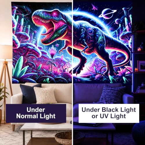Image of BlissYard Blacklight Tapestry Dinosaur Decor 78x59 Inch Neon T Rex Glow in Dark Backdrop Blacklight Tapestry Psychedelic Jungle Scene for Bedroom Wall Hanging Party Room Fantasy Beast Art