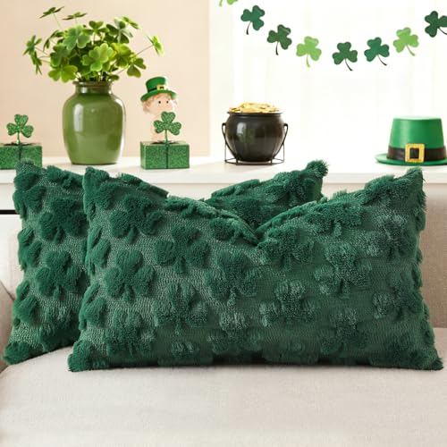 Image of decorUhome St. Patrick's Day Shamrock Green Pillow Covers 12x20 Inch Set of 2, Soft Plush Faux Wool Throw Pillow Covers, Farmhouse Spring Holiday Decor for Sofa Living Room