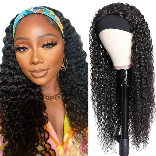 Image of Deep Wave Headband Wig Human Hair 20 Inch Brazilian Virgin Natural Black