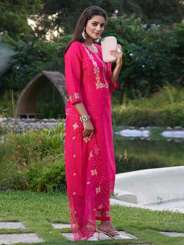 Image of INDO ERA Women's Embroidered Silk Blend Calf Length Straight Kurta Pant With Dupatta Set (IEOUT7451 X-Small)