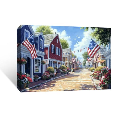Image of American Flag Wall Art - Canvas Printed Framed Patriotic Decor, Vintage Rustic 4th of July Celebration Sign Poster for Home, July 4th Independence Day Decorations, Farmhouse USA Flag Wall Decor