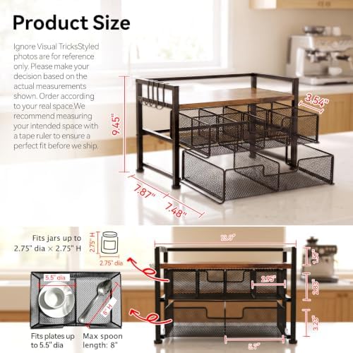 Beslands Tea Bag Organizer & Coffee Station, Matcha Kit Storage, 2 Drawers Tea Bar Tea Box Kitchen Shelf for Countertop, Teabag holder with 4 Hooks, Matcha Tea Station - 2
