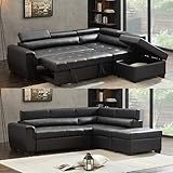 Faxu Leather Convertible Sectional Sofa Pull Out Bed with Adjustable Headrest and Chaise Lounge , 4 Seater Reversible Corner Couch with Movable Ottoman, L Shaped Sleeper Sofabed for Living Room Office