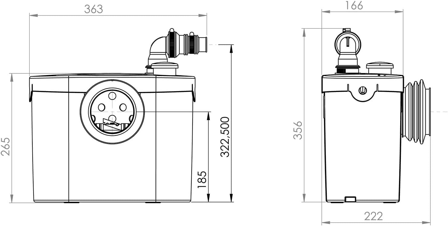 Technical drawing with dimensions of SFA Sanibroyeur Pro Up
