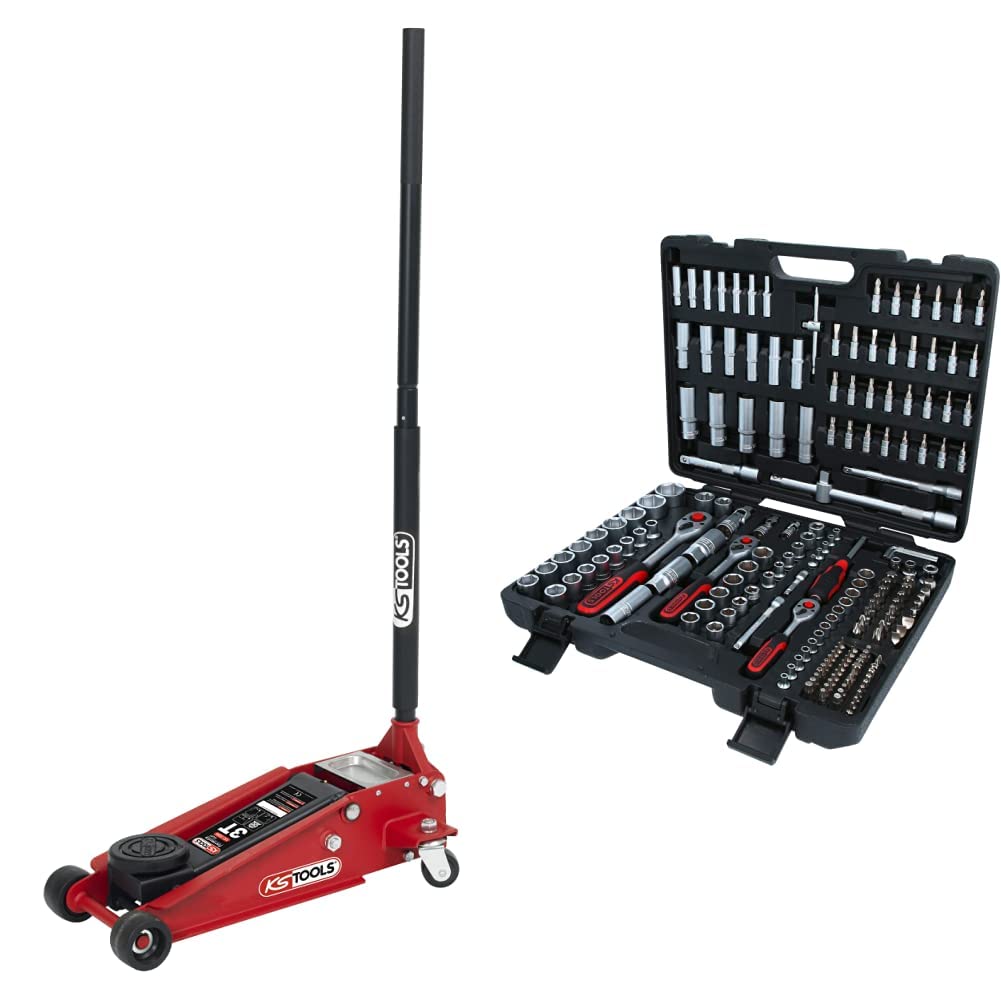 KS TOOLS 161.0366 - Cric Hydraulique 3 Tonnes - en Acier de Notre Gamme Formula Lift 3T - avec 2 Roues - Rouge et Noir & Caisse à Outils Complète en Coffret Douille de 1/4", 3/8" et 1/2" - 195 Pièces
