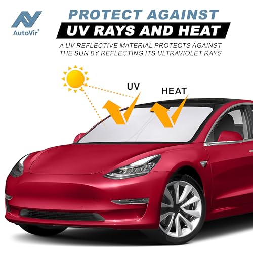 Image of Autovir Windshield Sun Shade for 2017-2024 2025 2026 Tesla Model 3 Sunshade / 2020-2024 2025 2026 Tesla Model Y Sunshade, UV & Heat Protection Foldable Front Window Sunshade, Tesla Car Accessories