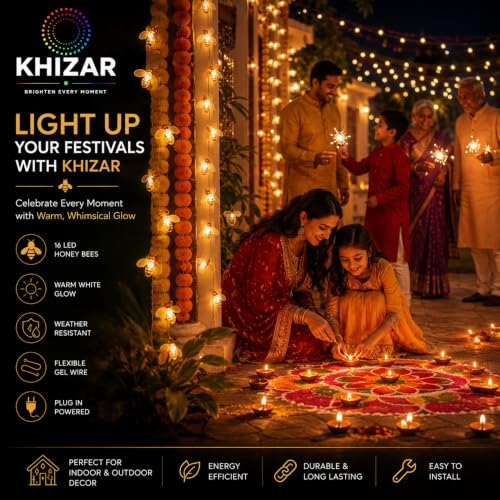 Image of KHIZAR 16 LED Honey Bee String Lights Plug in, Warm White Decorative Fairy Lights for Bedroom, Balcony, Wall, Garden, Diwali, Christmas, Wedding, Party & Home Decor, Flexible Gel Wire (3 METRE)