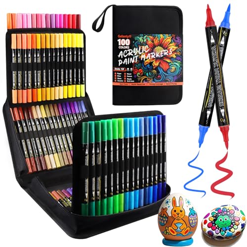 Gelanty Lot de 100 marqueurs de peinture acrylique à double pointe pour peinture sur roche, bois, verre, toile, céramique, loisirs créatifs, stylos acryliques à base d'eau